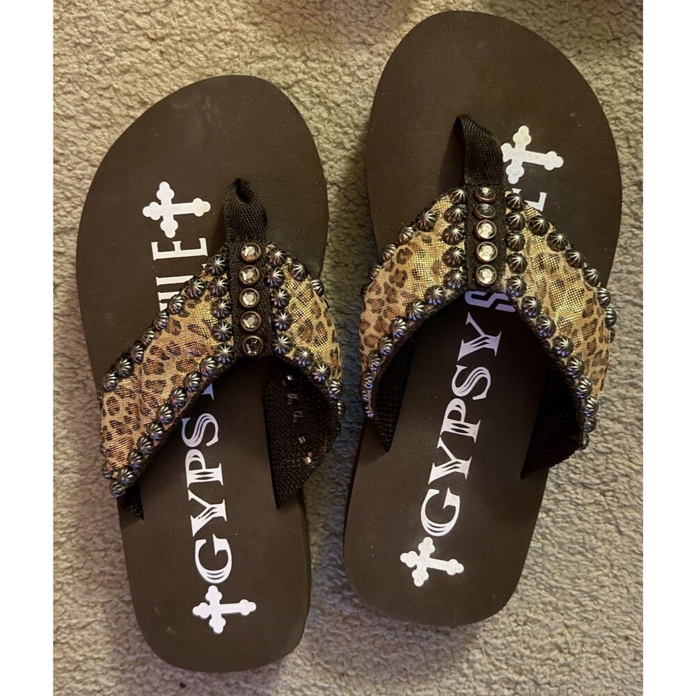 Gypsy Soule Leopard Rhinestone Flip Flop Sandals Women’s Size 7 Boho Bling NWOT - Picture 15 of 15